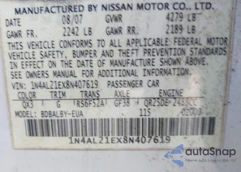 2008 Nissan Altima 2.5 S из США, поврежденный, VIN 1N4AL21EX8N407619